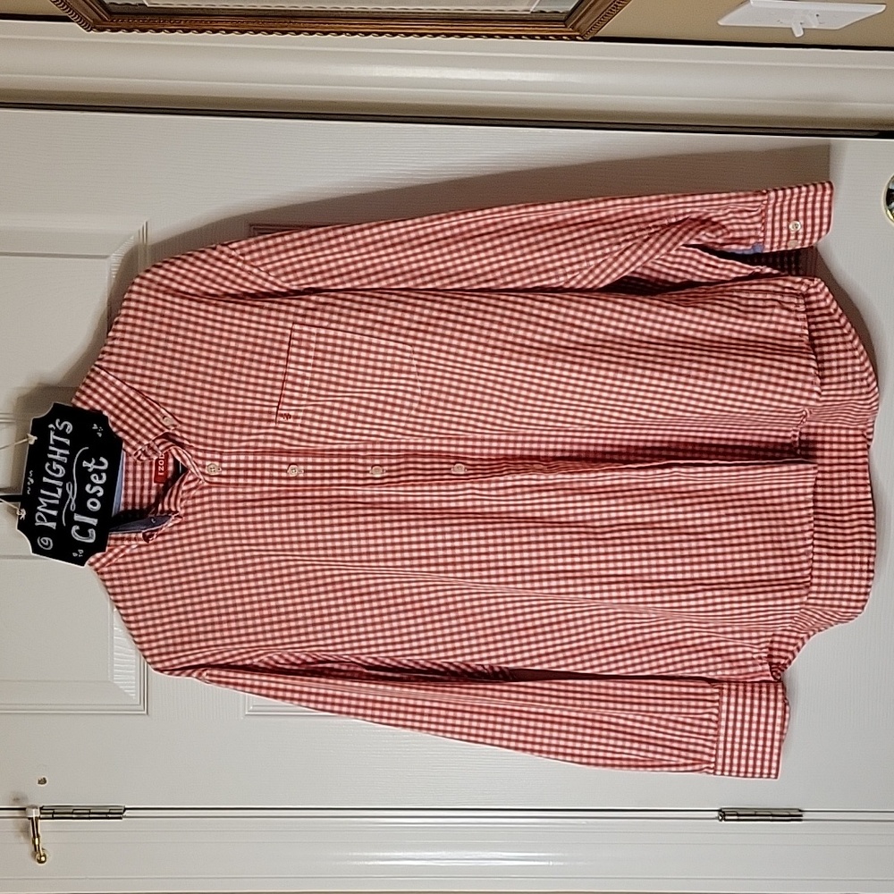 IZOD Large Dress Shirt Check Rose Pink White Long Sleeve